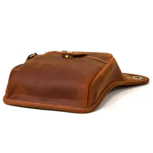 Men's genuine leather waist leg bag vintage tactical cowhide phone pouch belt bag detail view.
