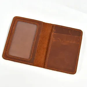 Genuine Crazy Horse Leather Vintage Bi-Fold Card Holder ID Window Mini Wallet Brown