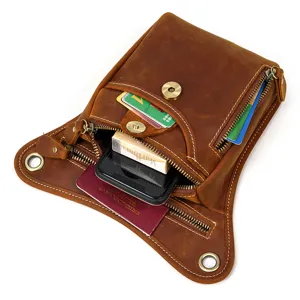 Genuine leather tactical drop leg bag for men, vintage motorcycle waist pack with multi zip pockets.