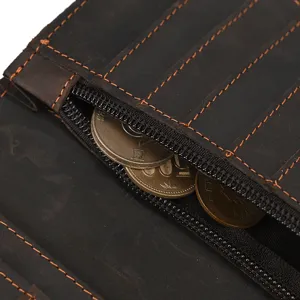 Vintage genuine leather long wallet with multiple card slots and dark brown coin pocket