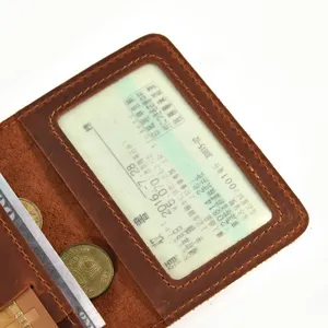 Genuine leather bi-fold card holder vintage crazy horse cowhide ID wallet pocket compact