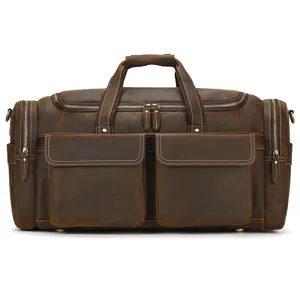 Moderna bolsa de viaje vintage de cuero genuino con amplios bolsillos frontales y zip.