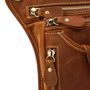 Close-up detail view of men's vintage genuine leather tactical waist and drop leg bag.