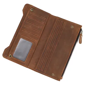 Retro Hombres Cuero Crazy Horse Billetera Larga Plegable Primera Capa Vaca Monedero Múltiples Ranuras Tarjetas Cartera Casual