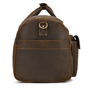 Bolsa de viaje vintage de cuero auténtico con bolsillo lateral y anilla metálica fuerte.