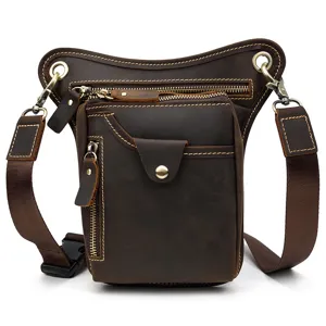 Vintage genuine leather drop leg bag for men, tactical waist pack with multi pockets and zippers.