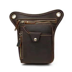 Vintage genuine leather drop leg bag for men, multi-pocket tactical waist bag in brown.