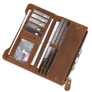 Cartera larga vintage de cuero genuino para hombre con multiples ranuras para tarjetas.