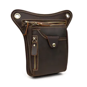 Vintage men's genuine leather drop leg bag tactical multi-pocket waist bag dark brown