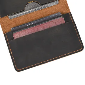 Vintage genuine leather card holder minimalist bifold wallet with multiple slots and stitching