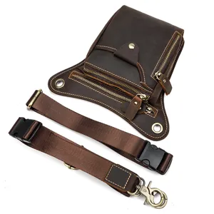 Vintage genuine leather drop leg bag men tactical waist bag multi-pocket belt pouch detail
