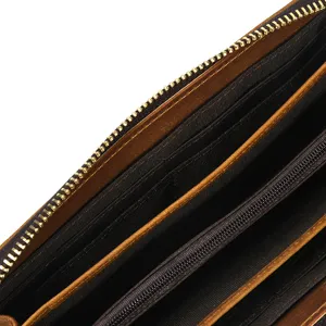 Heren vintage echt lederen lange portemonnee interieur detail multi kaartvak ritszak.