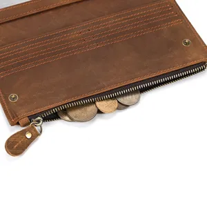 Cartera larga de cuero de caballo loco vintage con múltiples tarjeteros para hombre