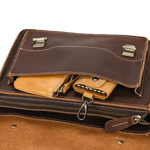 Genuine leather retro shoulder bag detail shot showing zipper pocket key case and vintage texture.