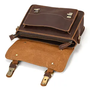 Vintage brown genuine leather messenger bag detail, casual crossbody satchel for daily use.