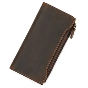 Billetera larga vintage de cuero de caballo loco con ranuras para tarjetas y cremallera.
