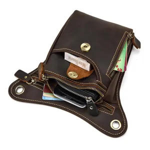 Men vintage genuine leather drop leg bag tactical waist phone pouch detailed view.
