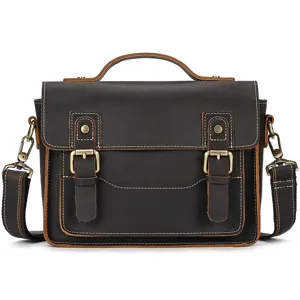 Vintage genuine leather messenger bag for men and women, casual retro crossbody shoulder bag.