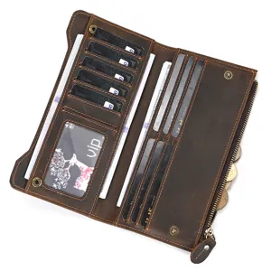 Cartera larga de cuero para hombre, diseño plegable con tarjeteros y bolsillo con cremallera.