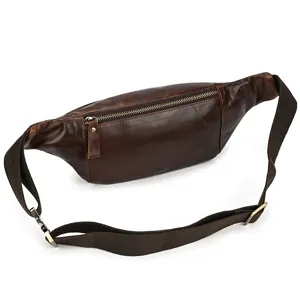 Men genuine leather waist bag dark brown chest pack adjustable canvas strap outdoor use