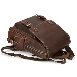 Close-up of genuine crazy horse leather texture, durable metal zipper, and retro pin buckle.