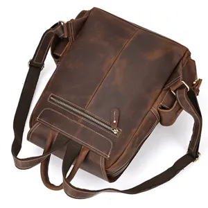 Detailed closeup of the vintage brown leather backpack back straps and metal zipper pocket design.