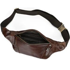Men's genuine leather waist bag detail, retro brown oil leather crossbody chest bag design.