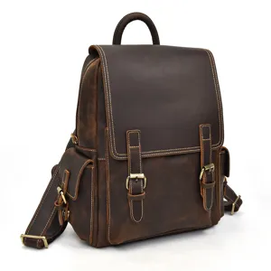 Retro crazy horse leather backpack for men, vintage brown travel school laptop daypack.