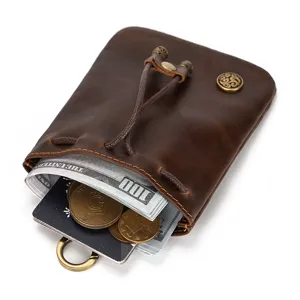 Vintage genuine leather coin purse retro handmade mini drawstring pouch with metal ring pocket
