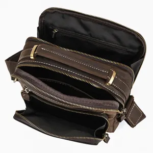Vintage leather shoulder bag, multi-pocket men messenger bag, premium brown crossbody purse.