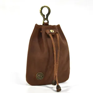 Vintage crazy horse leather coin purse mini drawstring pouch with metal hook for use