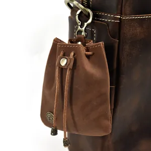 Vintage crazy horse leather mini coin purse design with drawstring and metal hook.