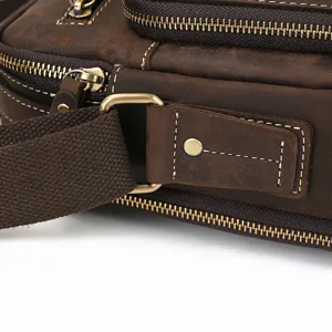 Detailed close-up shot of vintage genuine leather bag strap buckle hardware craftsmanship.