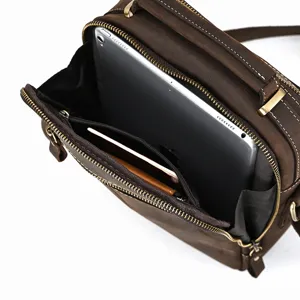 Vintage brown genuine leather shoulder bag for men, multi-compartment casual crossbody bag.