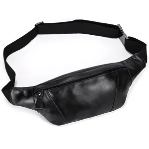 Men genuine leather waist bag chest bag black casual crossbody bag for outdoor sports