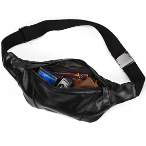 Men black genuine leather chest bag waist sling pack with zipper pockets and metal buckle.