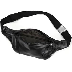 Details of the black leather waist bag for men, featuring durable zipper and adjustable strap.