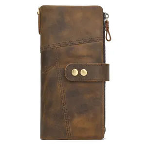 Vintage genuine leather long wallet for men women, retro distressed patchwork card holder purse
