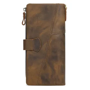 Vintage distressed cowhide long wallet with zipper, multiple card slots and fashion stitching.
