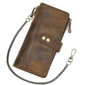 Vintage leather long wallet for men with metal chain multi card slots brown genuine leather
