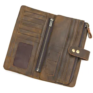 Vintage leather long wallet interior detail with multi-card slots and secure zip compartments.