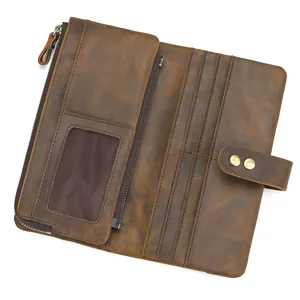 Detailed view of vintage distressed genuine leather long wallet with multiple card slots.