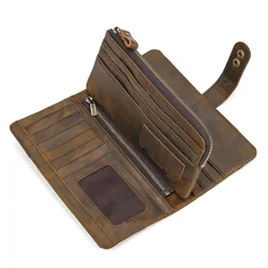 Vintage cowhide long wallet with multiple card slots and zipper pocket for daily use.