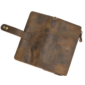 Vintage leather long wallet for men women, patchwork cowhide card holder with zipper and snap.