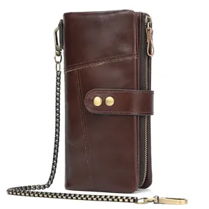 Vintage leather long wallet with chain, multi-card slots, double zipper design for men.