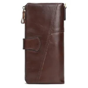 Brown leather long wallet detailed view, premium cowhide material with multiple card slots.