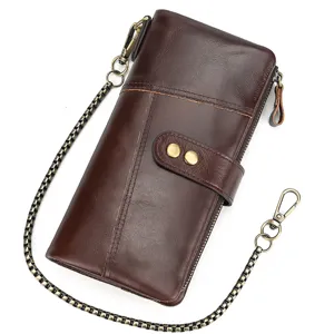 Vintage genuine leather long wallet for men with metal chain and multiple card slots design.
