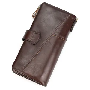 Vintage genuine leather long wallet retro brown zipper multi card clutch purses