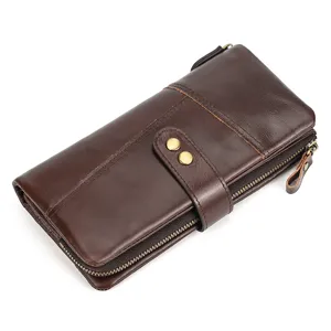 Vintage genuine leather long wallet for women, multiple card slots, stylish brown purse.