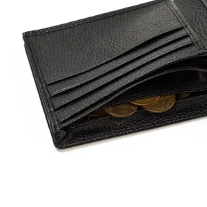 Monedero corto plegable de cuero genuino negro para hombre con ranuras para tarjetas